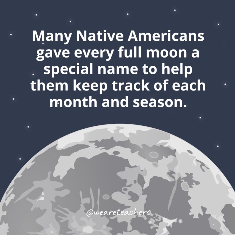 Many Native Americans gave every full moon a special name to help them keep track of each month and season. Many Native Americans gave every full moon a special name to help them keep track of each month and season as example of facts about the moon.