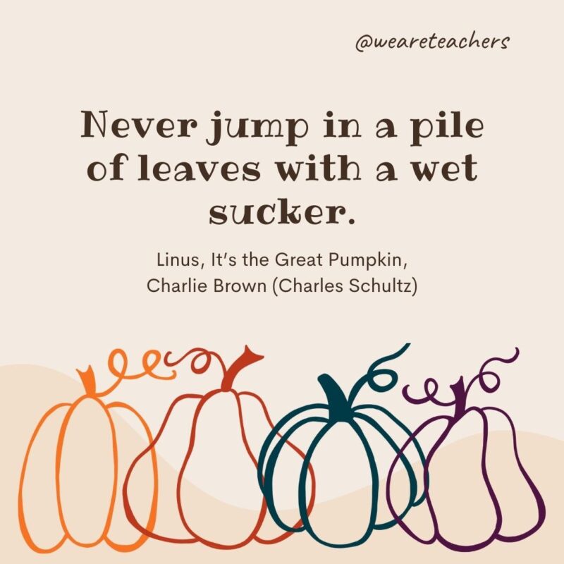Never jump in a pile of leaves with a wet sucker. —Linus, It’s the Great Pumpkin, Charlie Brown (Charles Schultz) Never jump in a pile of leaves with a wet sucker. —Linus, It’s the Great Pumpkin, Charlie Brown (Charles Schultz)