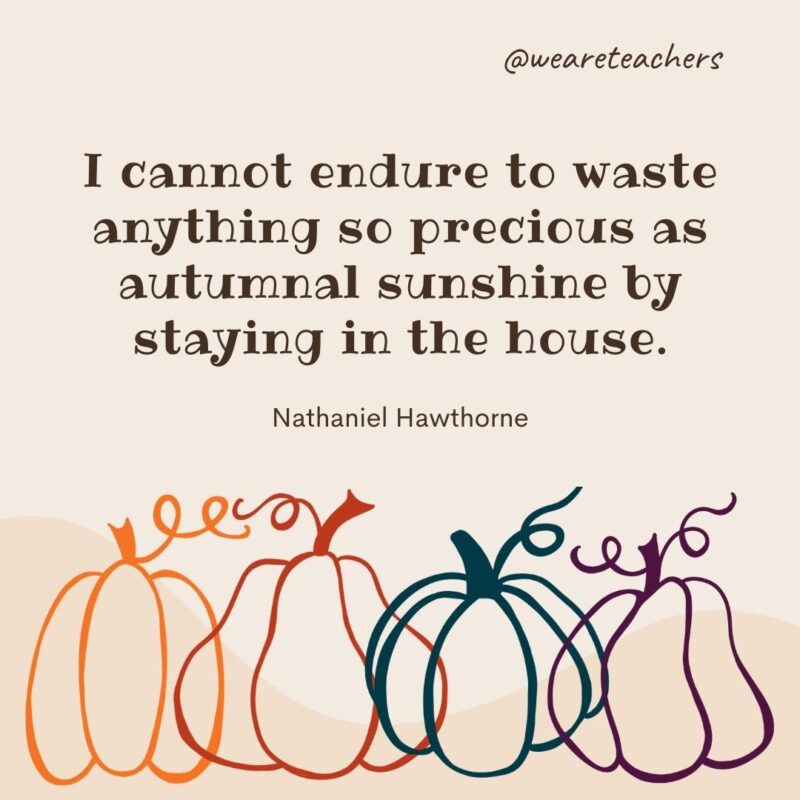 I cannot endure to waste anything so precious as autumnal sunshine by staying in the house. —Nathaniel Hawthorne I cannot endure to waste anything so precious as autumnal sunshine by staying in the house. —Nathaniel Hawthorne