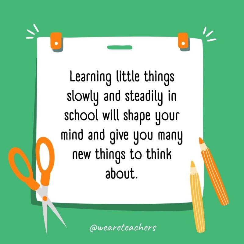 Learning little things slowly and steadily in school will shape your mind and give you many new things to think about. Learning little things slowly and steadily in school will shape your mind and give you many new things to think about.- back to school quotes