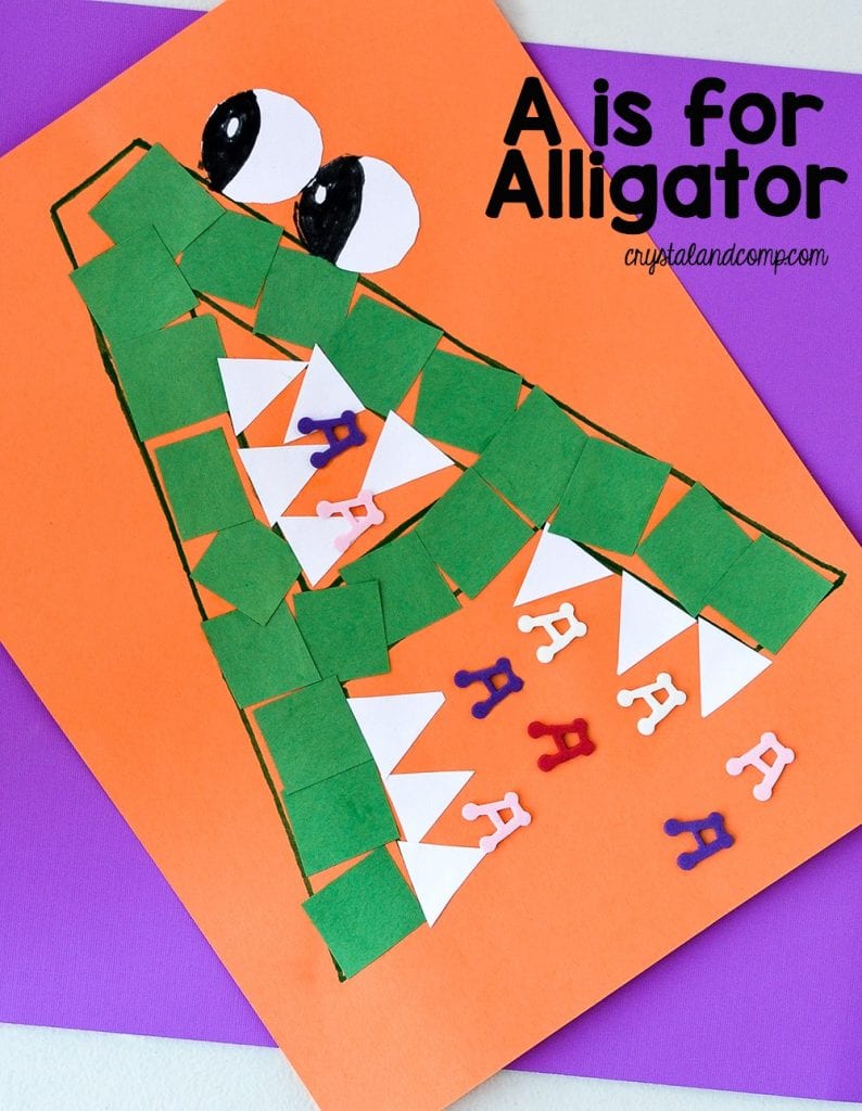 a-is-for-alligator An orange piece of construction paper with a green capital letter A decorated to look like an alligator as an example of alphabet activities