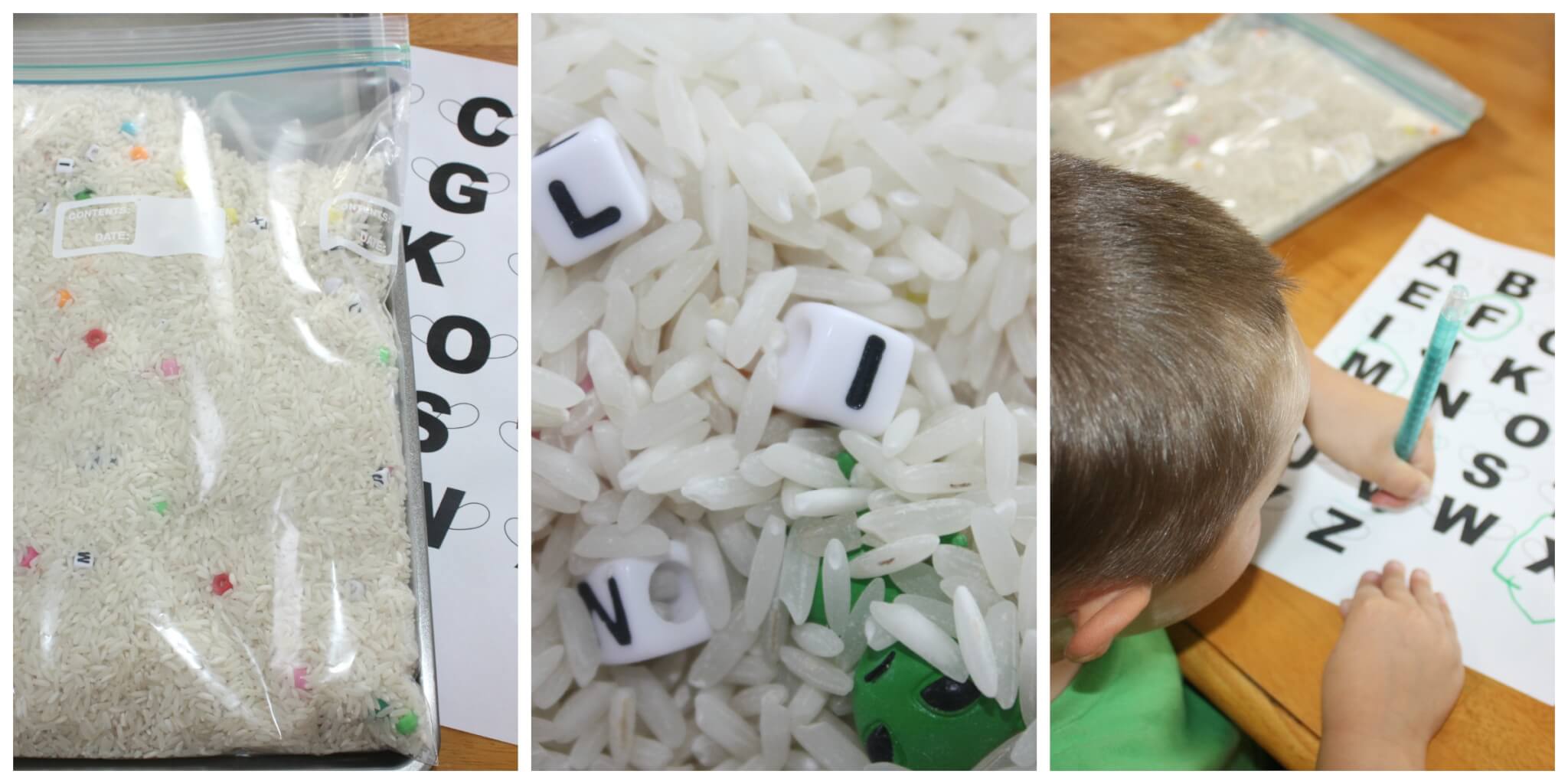 alphabet-I-spy-rice-bag Three photo panels, each depicting a sensory rice bag/alphabet activity as an example of alphabet activities