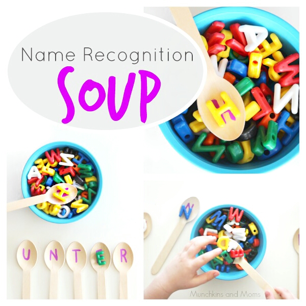 alphabet-soup Spoons with a letter printed on them dip into bowls of alphabet letters as an example of alphabet activities