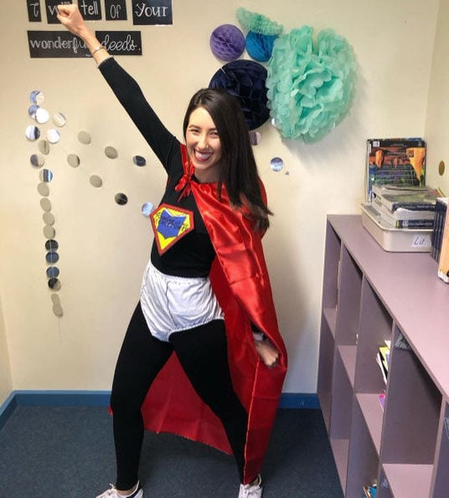 Book Character Costume Ideas Captain Underpands Woman in a black bodysuit with large pair of underpants, red cape, and Captain Underpants logo (Book Character Costume Ideas)