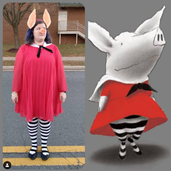 Book Character Costume Ideas Olivia Woman wearing red dress, black and white stockings, and pig nose and ears standing next to the book character Olivia- book character costume
