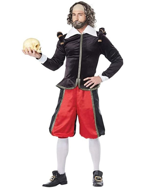 Book Character Costume Ideas Shakespeare Man dressed as William Shakespeare holding a skull (Book Character Costume Ideas)