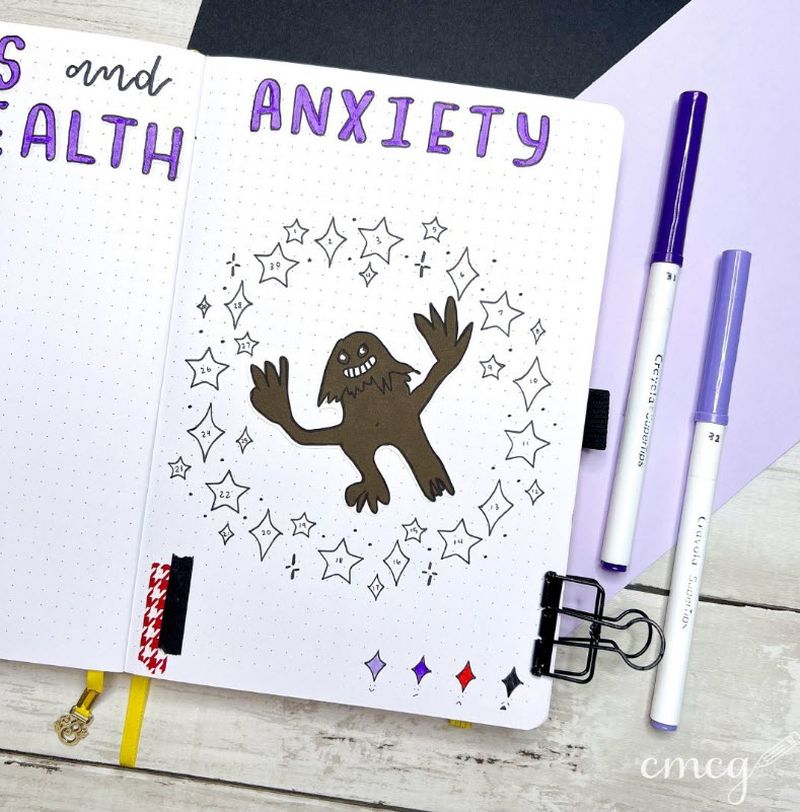 Anxiety tracker page from a journal showing a drawing of a Wookie surrounded by stars
