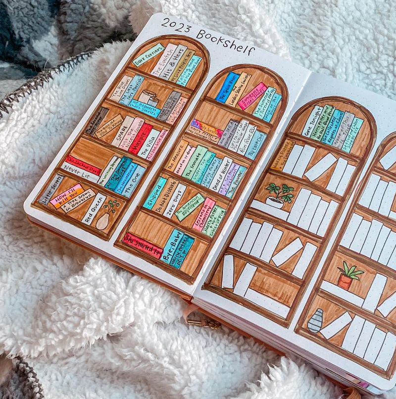 Two-page journal spread showing drawings of bookshelves, with some titles filled in and some left blank