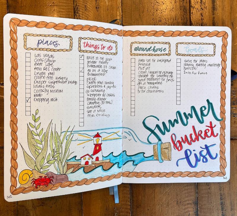 Bullet Journal Ideas: Bucket List Summer bucket list pages in a journal, with lists of things to do, places to go, and more