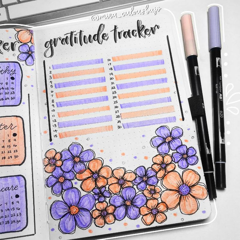 Bullet Journal Ideas: Gratitude Tracker Gratitude Tracker page in a journal with a line for each day of the month, with purple and orange flowers