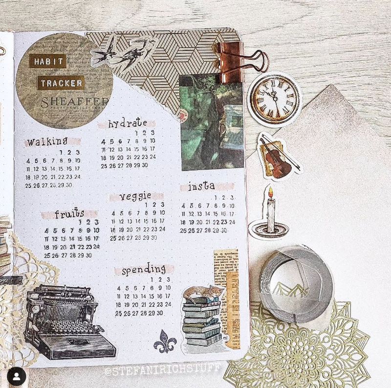 Bullet Journal Ideas: Habit Tracker Habit tracker page in a journal, with trackers for walking, veggies, fruits, etc.
