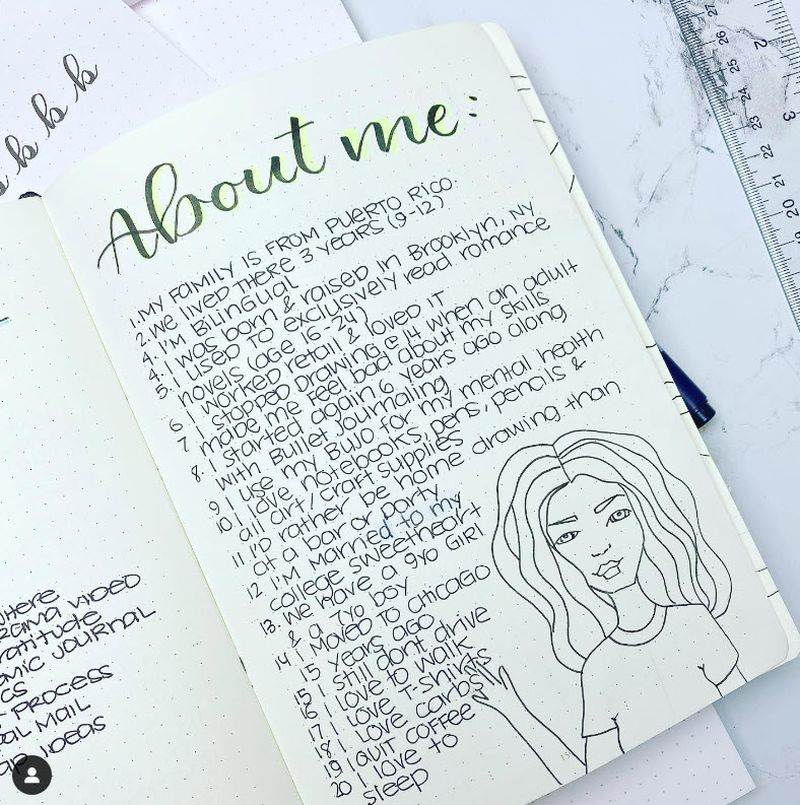 An About Me page in a journal, with a list of facts and a line drawing of the author
