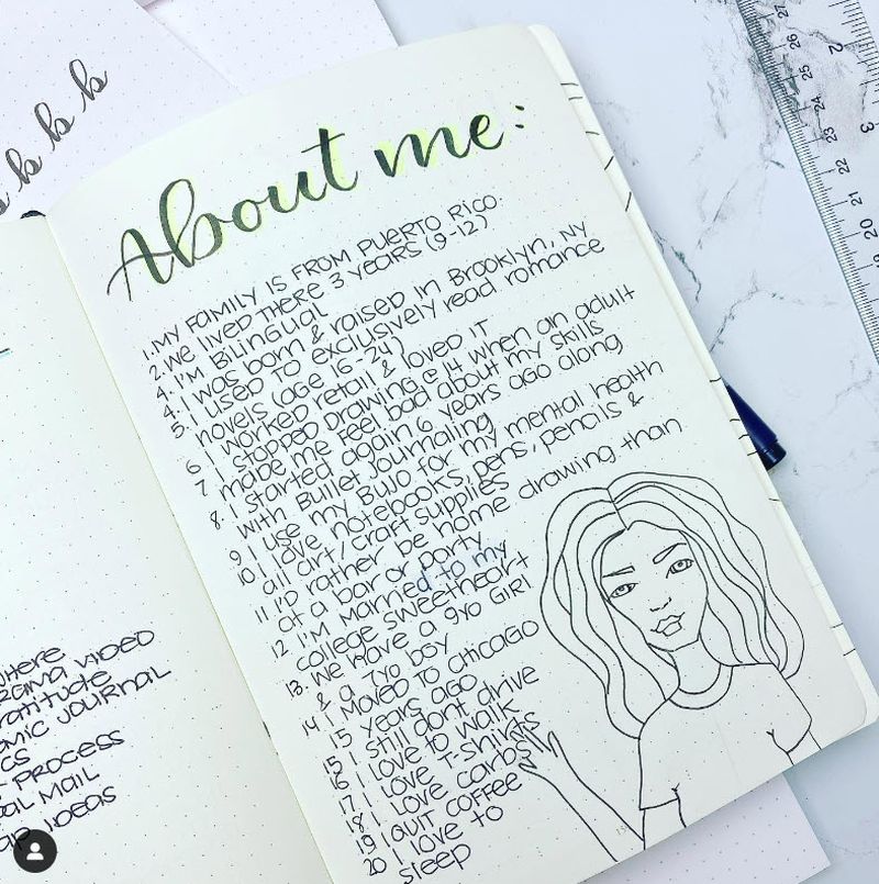Bullet Journal Ideas: About Me An About Me page in a journal, with a list of facts and a line drawing of the author