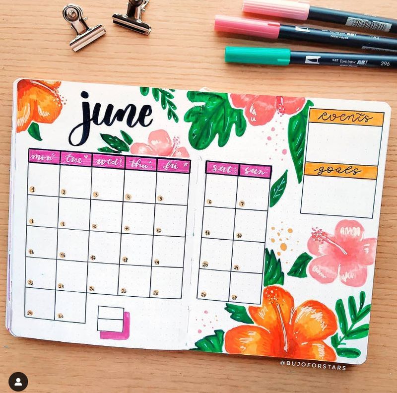 Bullet journal pages with a calendar for June and drawings of hibiscus flowers