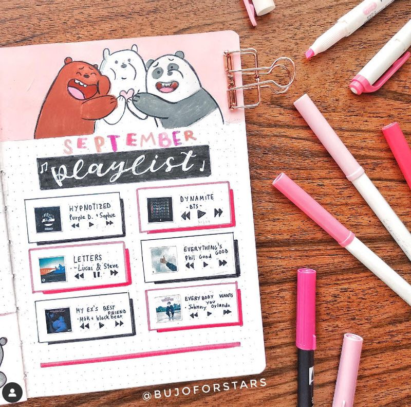 Bullet Journal Ideas: Playlist Bullet journal page showing a music playlist for the month of September