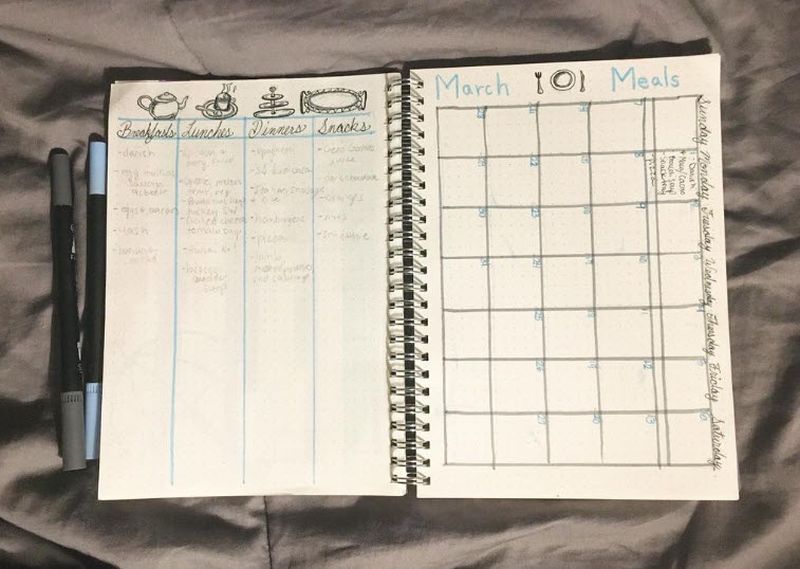 Meal planner pages in a journal, with one page full of ideas and the other with room for meals each day