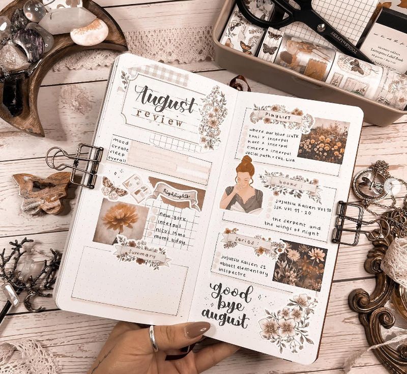 Bullet Journal Ideas: Monthly Review Monthly review pages in a journal for August, with stickers and other doodles