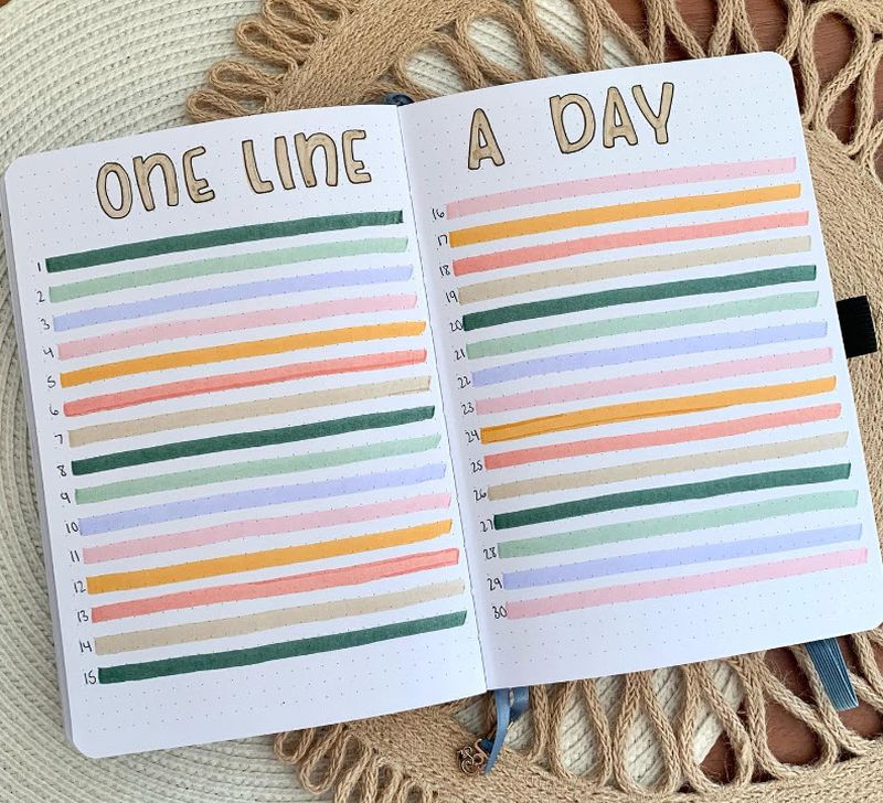 Bullet Journal Ideas: One Line a Day One Line a Day pages in a bullet journal, with different colored lines allotted to each day of the month
