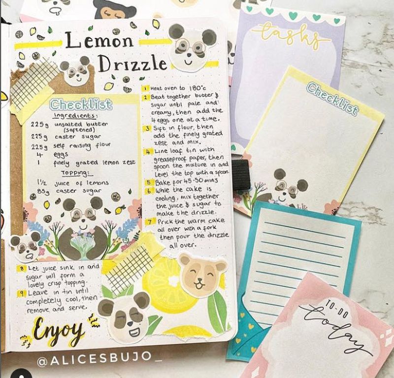 Bullet Journal Ideas: Recipe Page Recipe page in a journal for lemon drizzle cake
