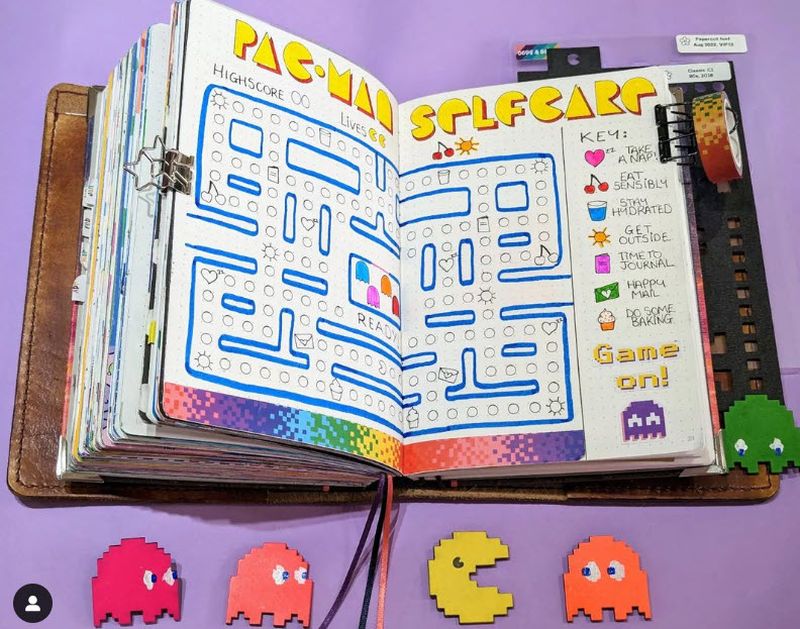 Bullet Journal Ideas: Self Care Tracker Pac-Man themed self-care tracking pages in a bullet journal