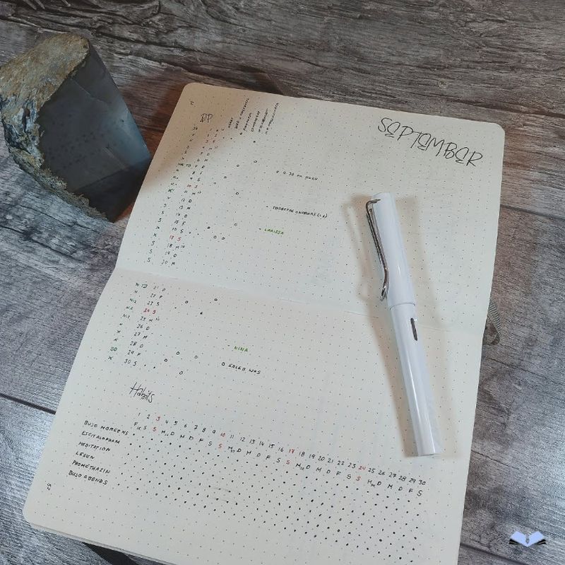 Bullet Journal Ideas: Sideways Spread Calendar pages in a bullet journal, with the journal turned sideways to use the pages vertically