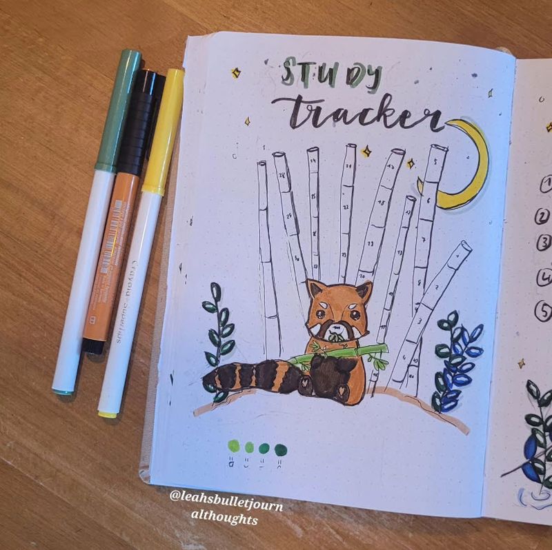 Bullet Journal Ideas: Study Planner Study planner page in a bullet journal drawn as sticks of bamboo behind a red panda