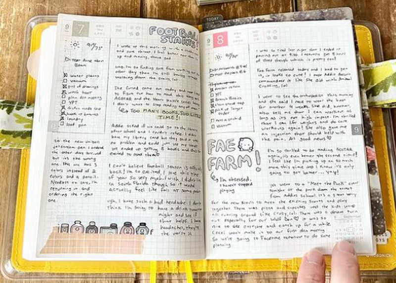 Bullet journal pages filled with daily reflection writings