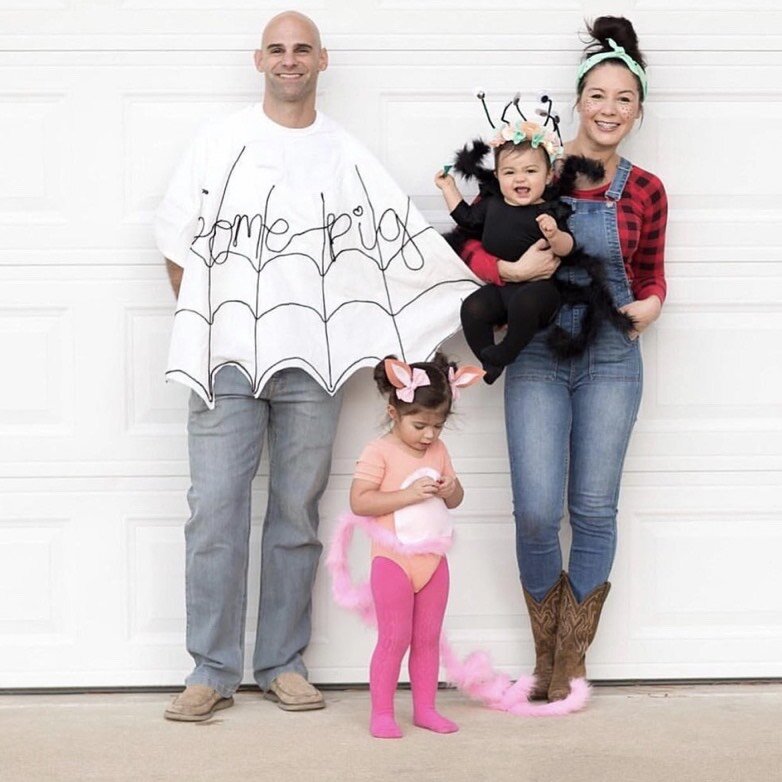 Charlotte’s Web A family is shown dressed as a spider web, pig, spider, and a woman in overalls and a flannel.- book character costume