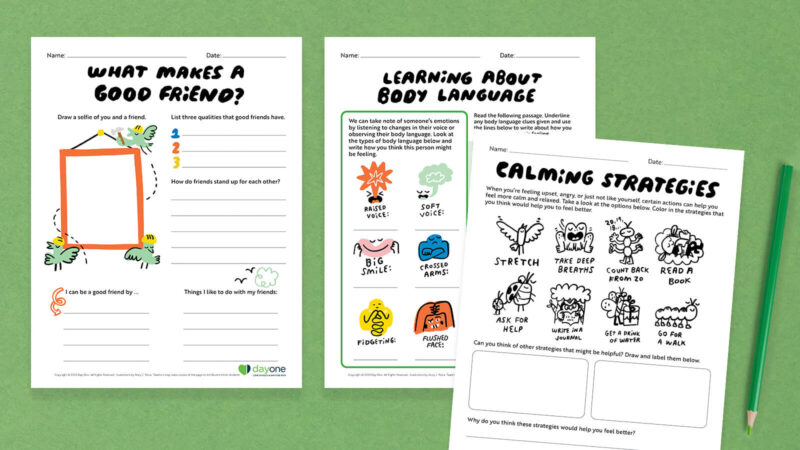 DayOne-Feelings-Digital-Kit-2 Day One student activities including calming strategies, what makes a good friend, and body language