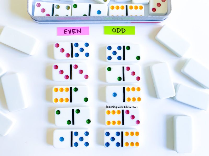 Domino sorted into columns labeled Evens and Odds by the number of total dots on each