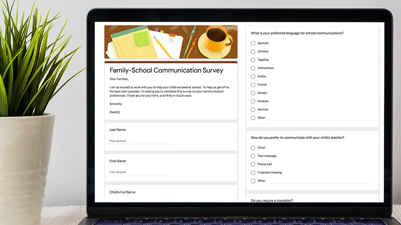 Family-school communication survey Google Form on a computer screen next to a plant