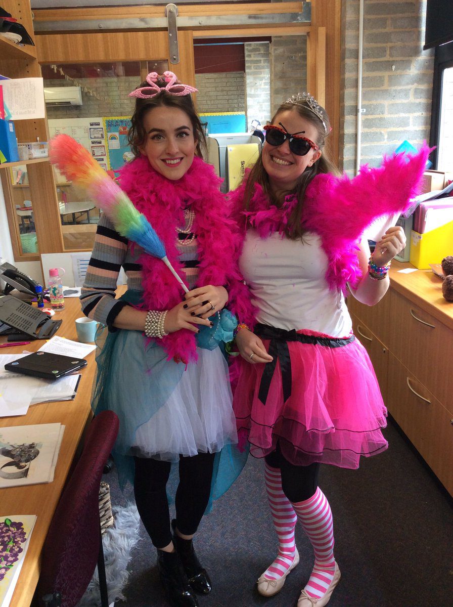 Fancy Nancy Two Women are pictured wearing a white and a pink tutu. Both have hot pink feather boas. One is holding a rainbow duster and wearing a pink crown.- book character costume