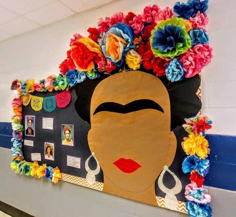 bulletin board celebrating frida khalo, mexican artist
