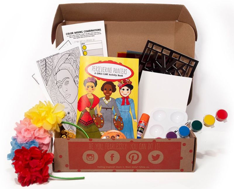 Educational Subscription Boxes: Girls Can! Crate Contents of a Girls Can! Crate subscription box, with paints, flowers, information booklet, and more