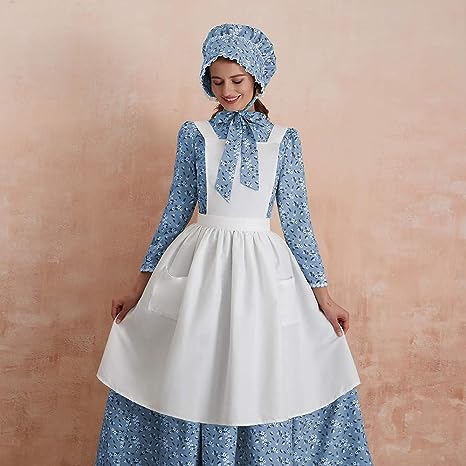 Laura Ingalls A woman is wearing a full coverage blue dress with a white apron over it. She is also wearing a bonnet.- book character costume