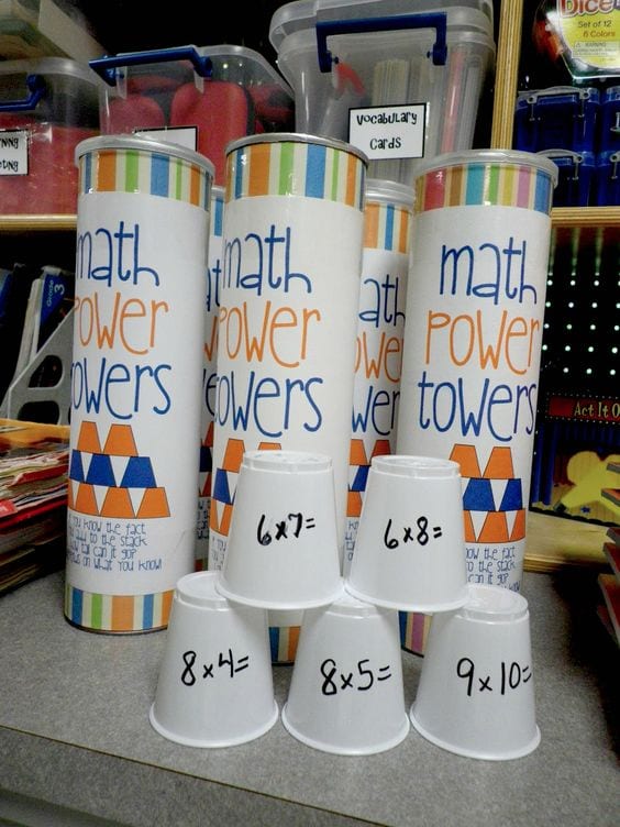 multiplication-power-towers Three Pringles cans covered with a label that says Math Power Towers behind a stack of plastic cups with multiplication problems on them