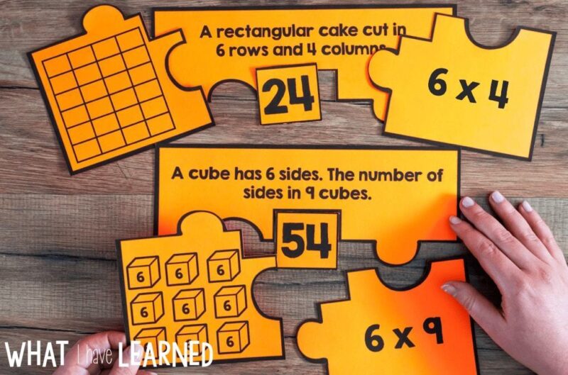 multiplication-puzzles Teach multiplication with these puzzles printed on a colorful piece of paper