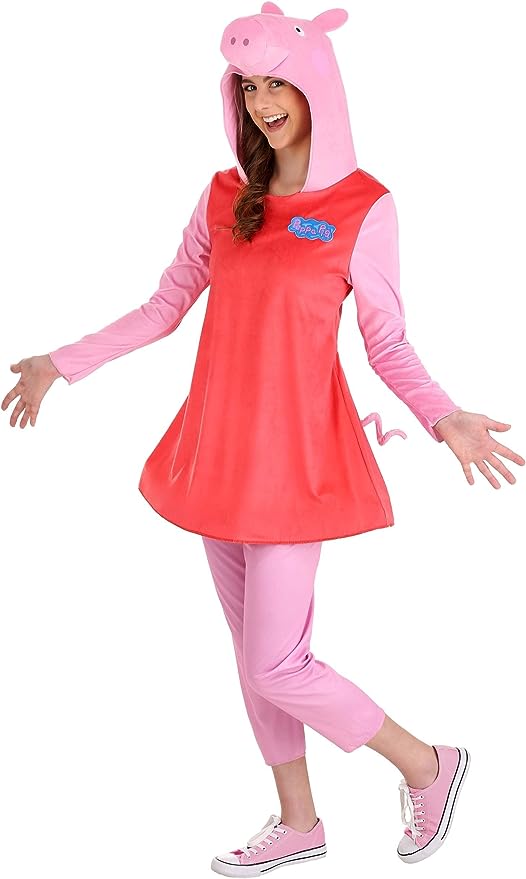 Peppa Pig A woman is seen in a pig costume that includes a red dress.- book character costume