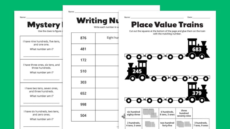 Flat lays of place value worksheets