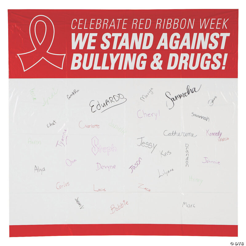 Red Ribbon Week poster with student signatures as pledges to be drug free