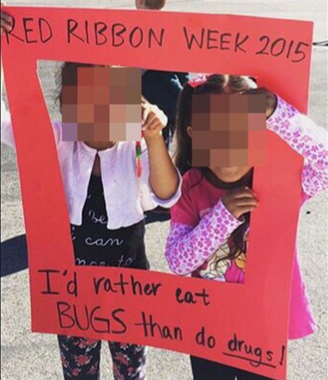 Red Ribbon Week Ideas: Bugs Not Drugs Students holding a red paper frame saying "I'd rather eat bugs than do drugs"