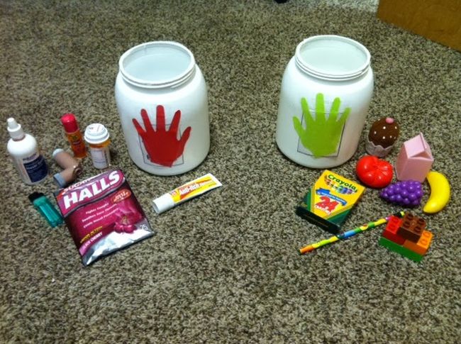 Red Ribbon Week Ideas: Hands On, Hands Off Two jars with red and green handprints, with items like cough drops and crayons