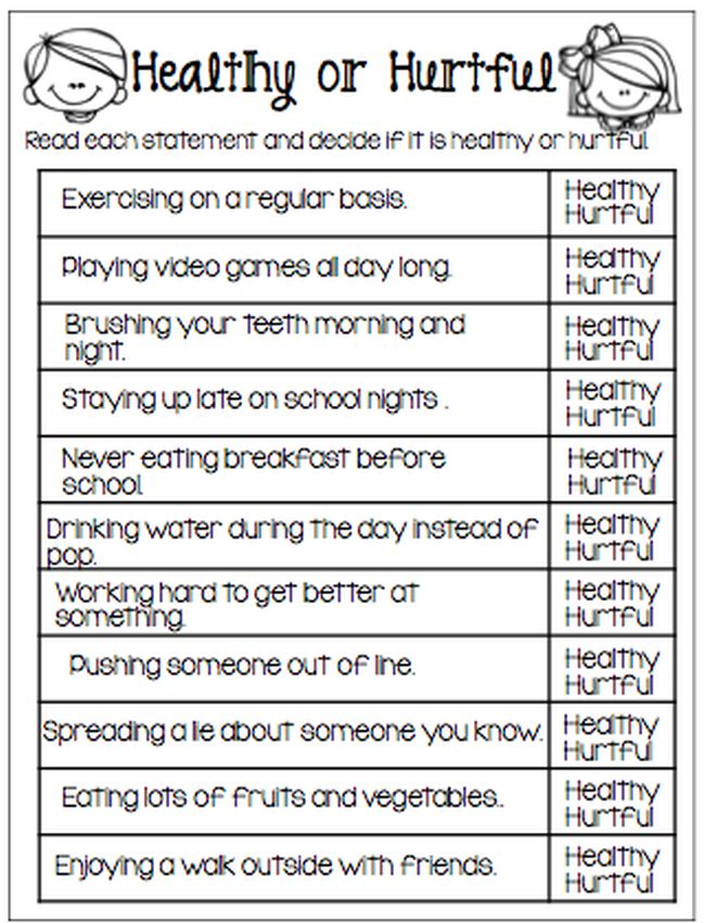 Free printable Healthy or Hurtful worksheet (Red Ribbon Week Ideas)