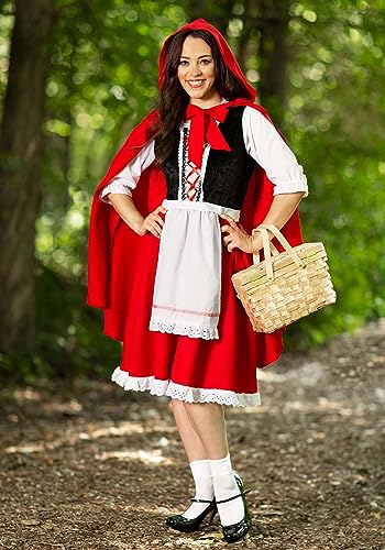 A woman is seen in a red dress with a red cape carrying a basket.