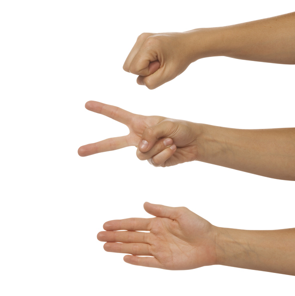 rock-paper-scissors Three hands against a white background, each hand showing a different choice in a game or rock, paper, scissors