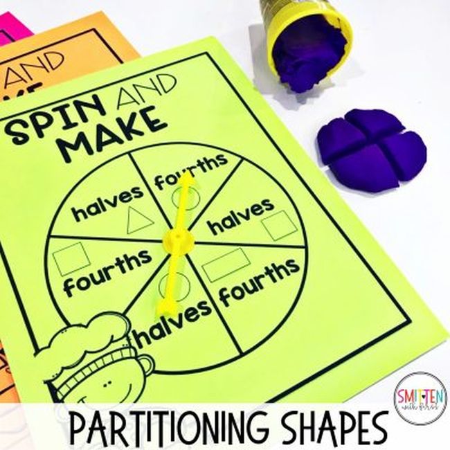 Spin and Make worksheet with a circle divided into sections with labels including halves and fourths next to a circle of clay divided into fours