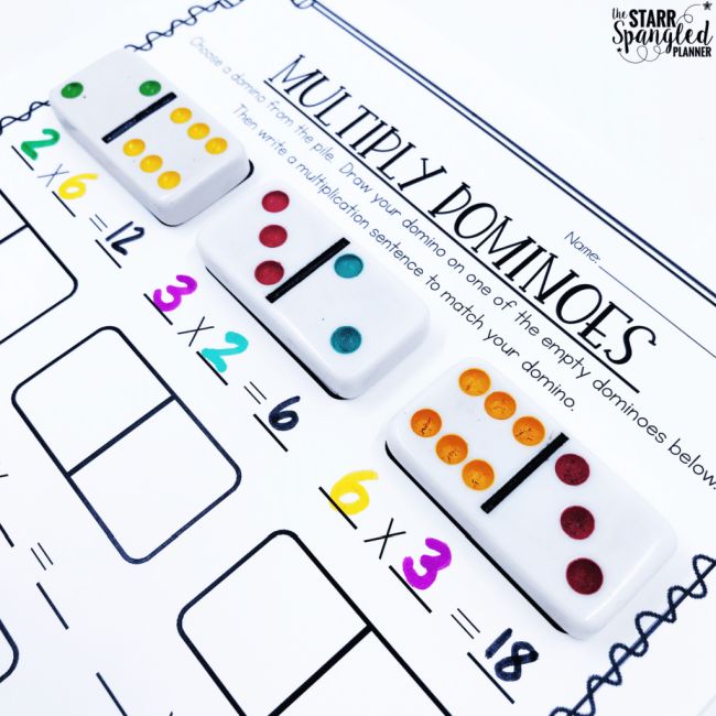multiplication-dominoes Dominoes laid out on a worksheet to teach multiplication