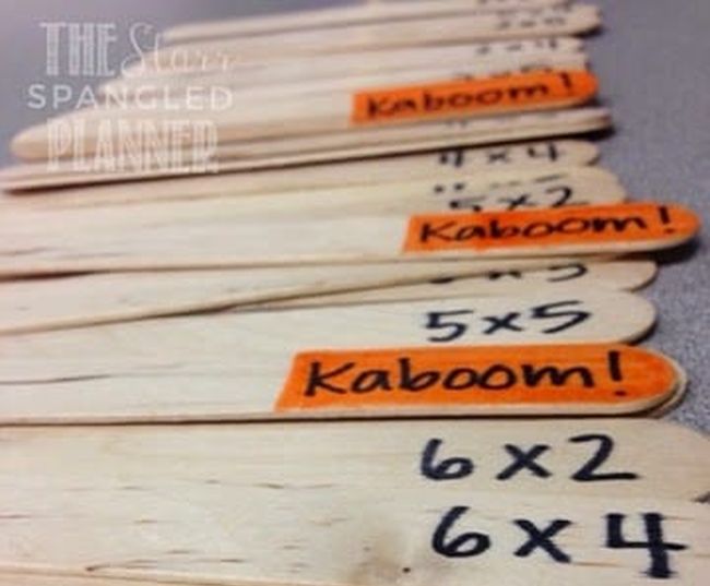 multiplication-kaboom Popsicle sticks labeled with multiplication facts