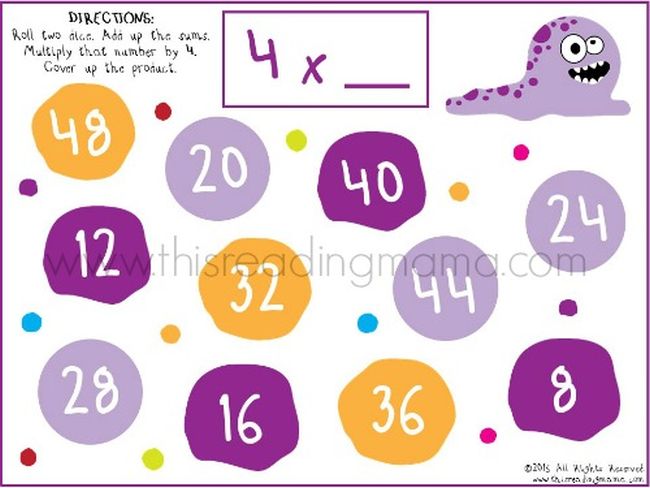 multiplication-roll-and-bump A colorful math worksheet with bright circles with numbers inside