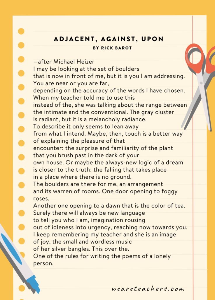 Teaching Poems 5 Adjacent, Against, Upon by Rick Barot, as an example of poems about teaching